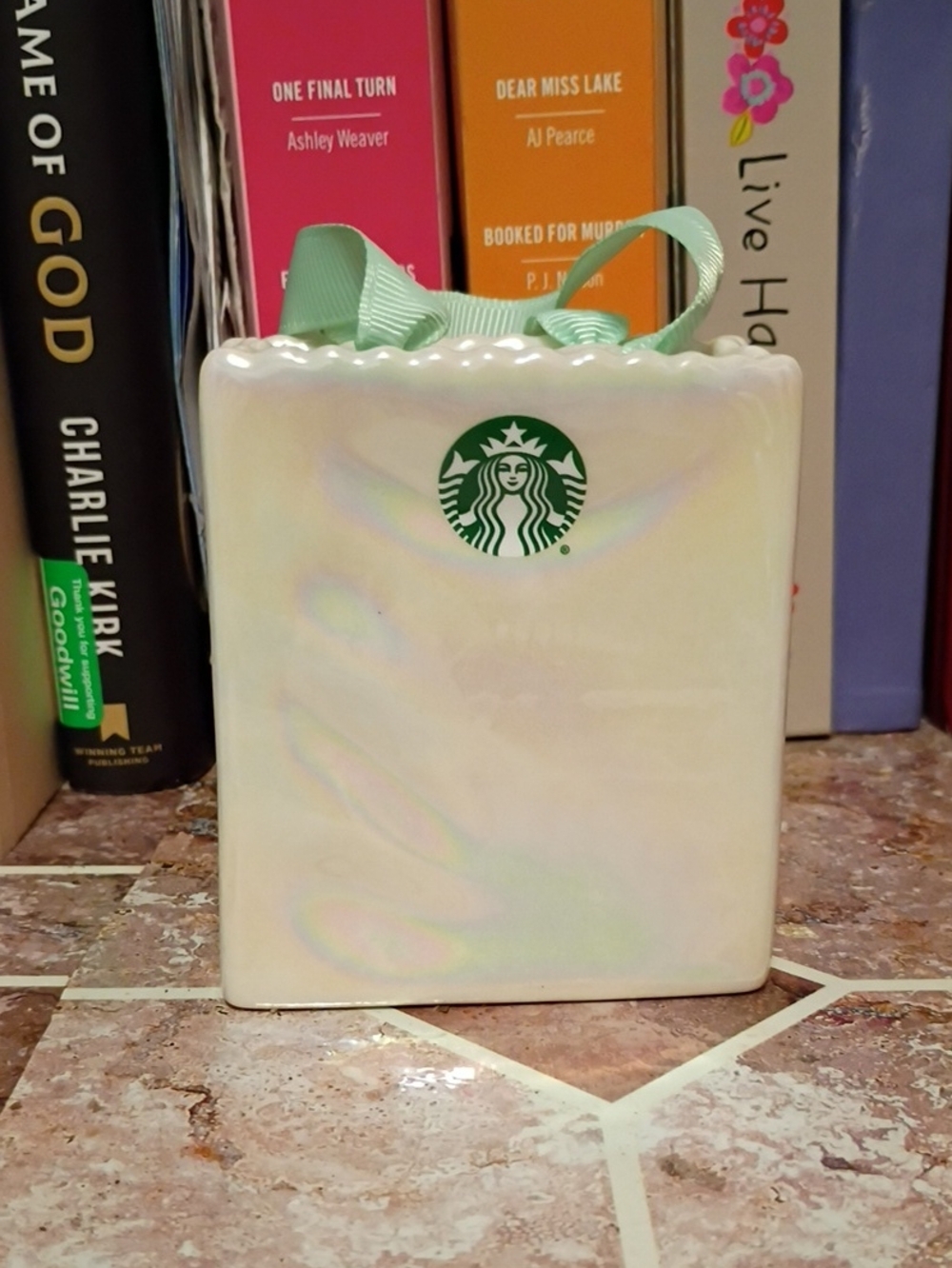 Starbucks Iridescent Pearl Ceramic Vase with Mint Ribbon Accent